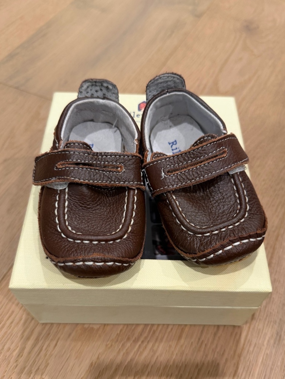Riley Roos Baby Brown Leather Loafer Walkers with Velcro Strap